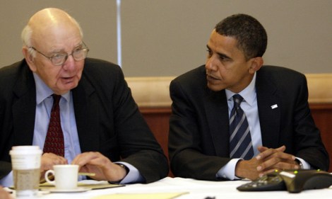 Senator Barack Obama speaks with Economic Advisor Paul Volker (R) prior to rally on September 19, 2008 at the Bank United Center on the campus of the University of Miami in Coral Gables, Florida. 
