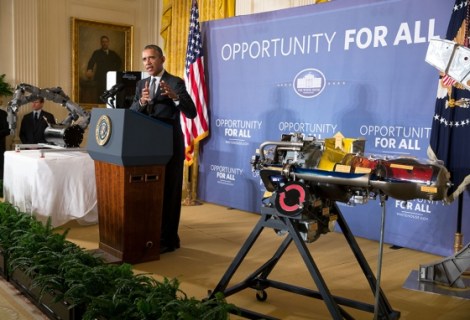President Barack Obama delivers remarks announcing two new public-private Manufacturing Innovation Institutes, and launches the first of four new Manufacturing Innovation Institute Competitions, in the East Room of the White House, Feb. 25, 2014. (Official White House Photo by Pete Souza)
